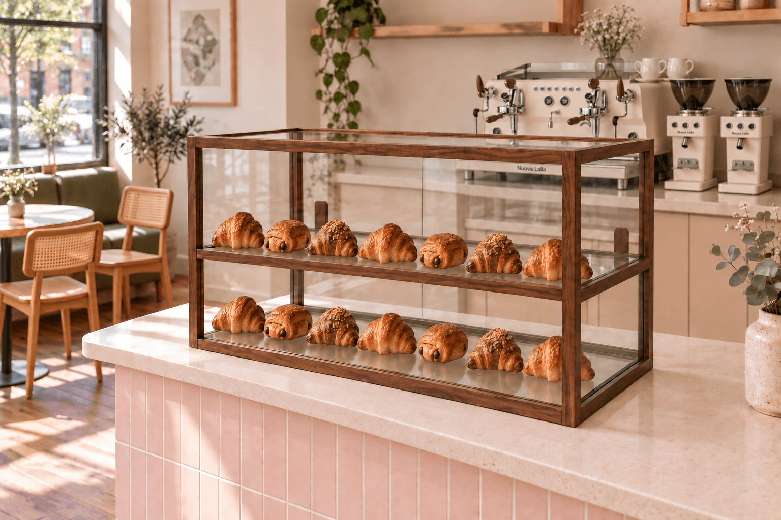 Présentoir en pin garni de viennoiseries alignées, machine Lalla Nuova et moulins au comptoir d’un café lumineux