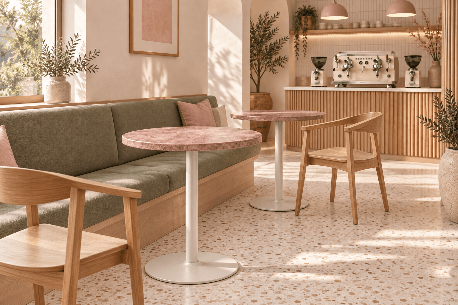 Tables Alba en marbre rose dans un café lumineux