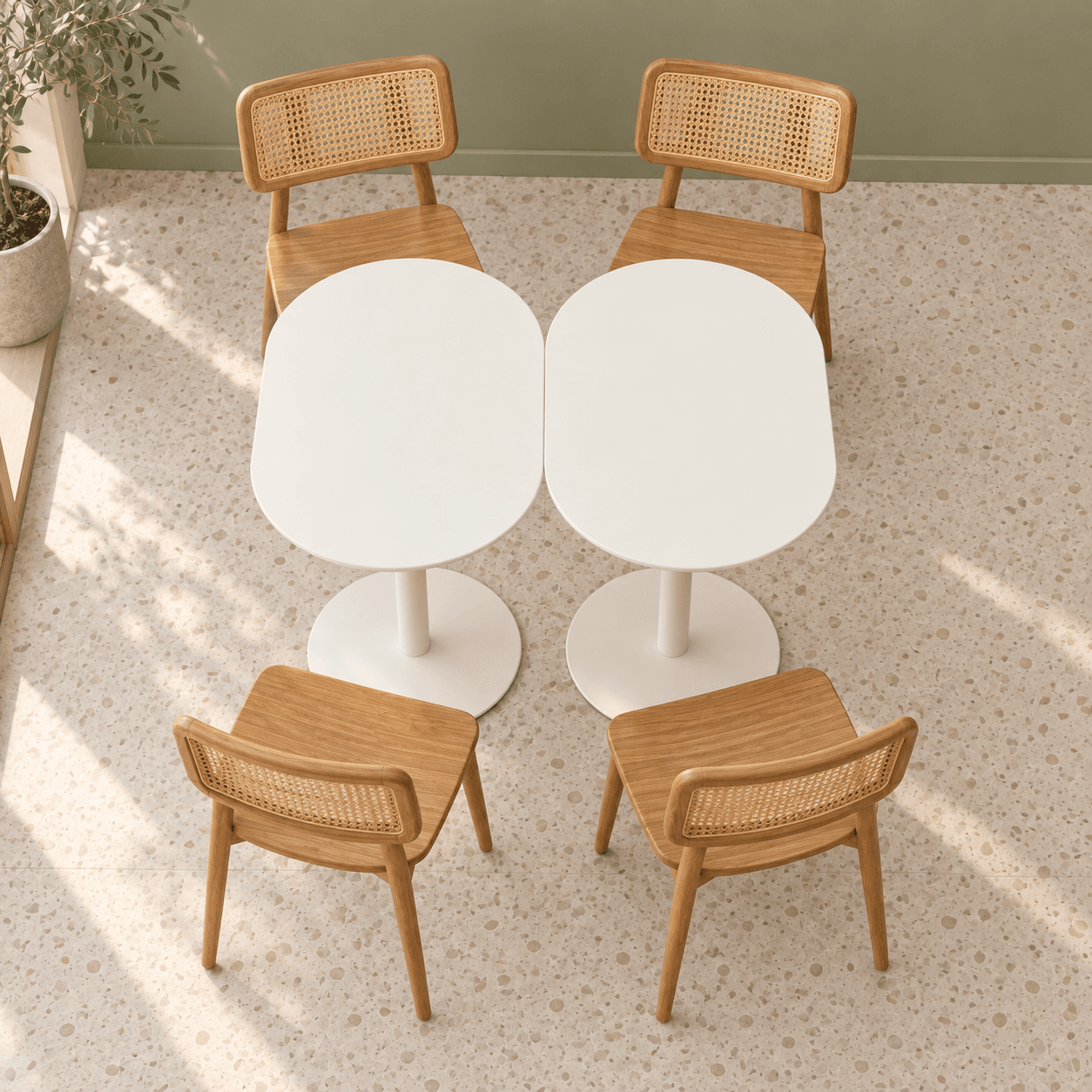 Deux tables Pia en métal crème accolées pour quatre personnes avec les chaises Lila